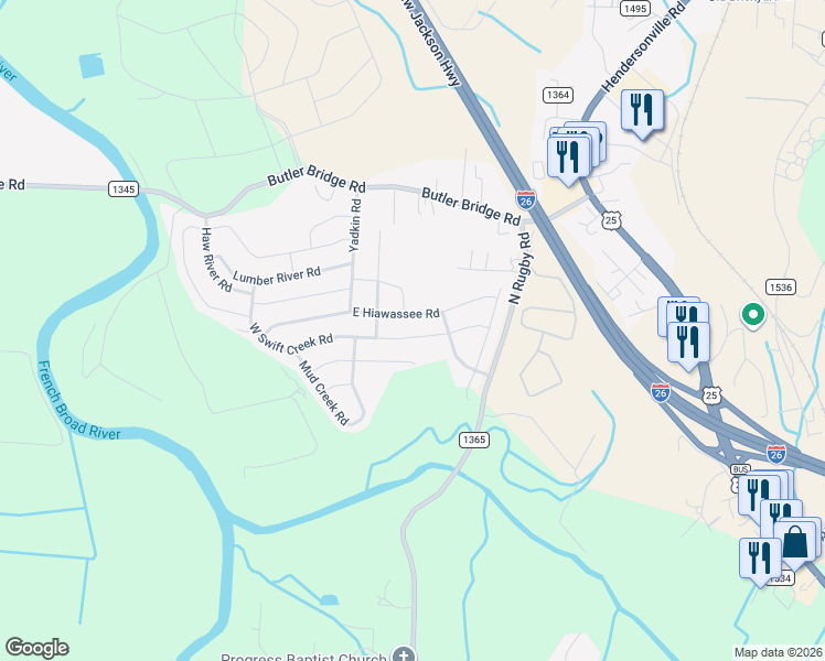 map of restaurants, bars, coffee shops, grocery stores, and more near 105 East Hiawassee Road in Fletcher