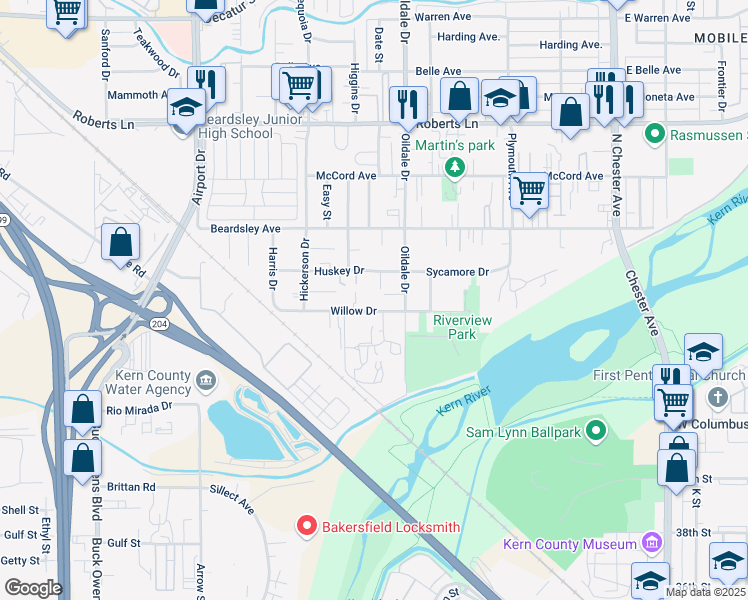 map of restaurants, bars, coffee shops, grocery stores, and more near 542 Willow Drive in Bakersfield