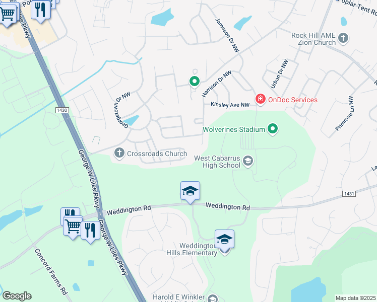 map of restaurants, bars, coffee shops, grocery stores, and more near 2688 Sunberry Lane Northwest in Concord