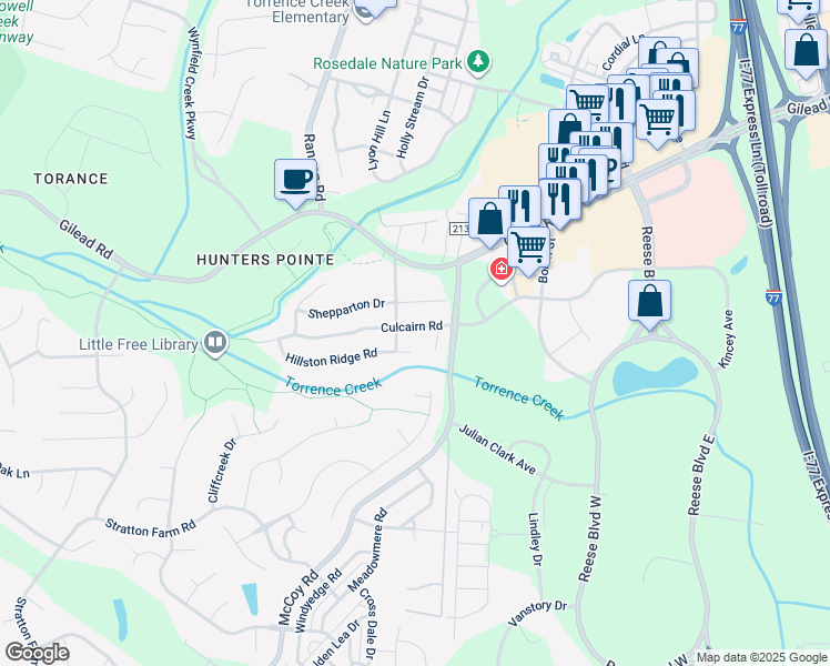map of restaurants, bars, coffee shops, grocery stores, and more near 9416 Culcairn Road in Huntersville