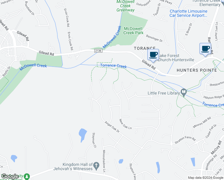 map of restaurants, bars, coffee shops, grocery stores, and more near 8524 New Oak Lane in Huntersville