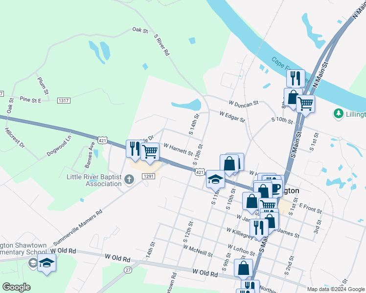 map of restaurants, bars, coffee shops, grocery stores, and more near 702 West Harnett Street in Lillington