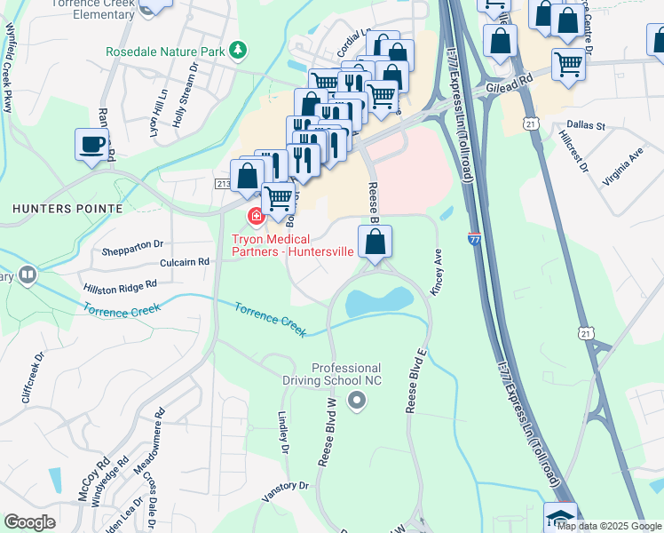 map of restaurants, bars, coffee shops, grocery stores, and more near 13816 Boren Street in Huntersville