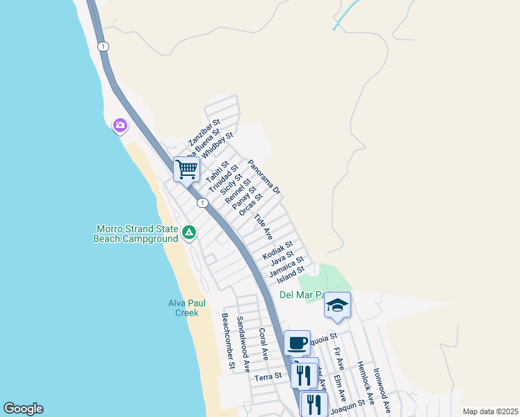map of restaurants, bars, coffee shops, grocery stores, and more near 450 Orcas Street in Morro Bay
