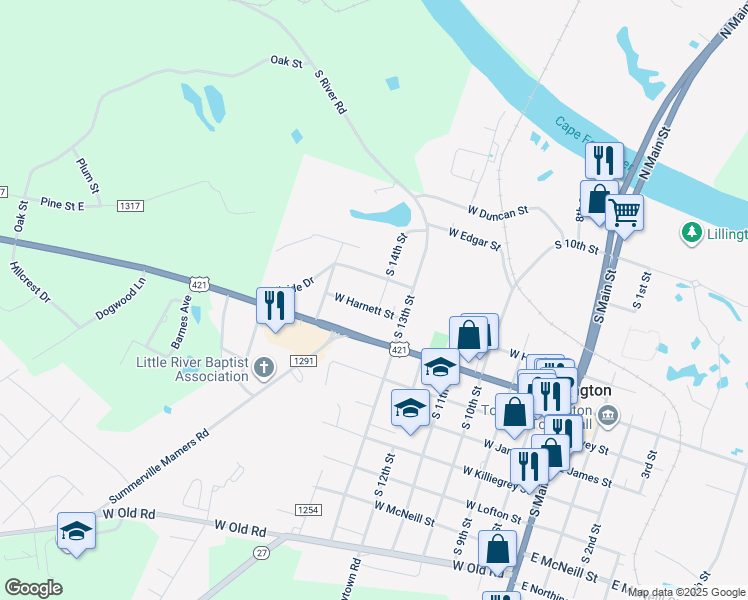 map of restaurants, bars, coffee shops, grocery stores, and more near 702 West Harnett Street in Lillington