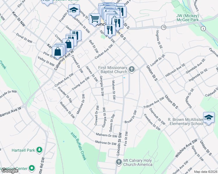 map of restaurants, bars, coffee shops, grocery stores, and more near 155 Chestnut Drive Southwest in Concord