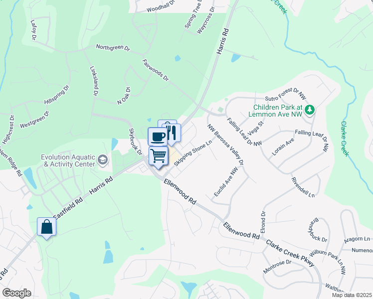map of restaurants, bars, coffee shops, grocery stores, and more near 716 Volta Drive Northwest in Concord
