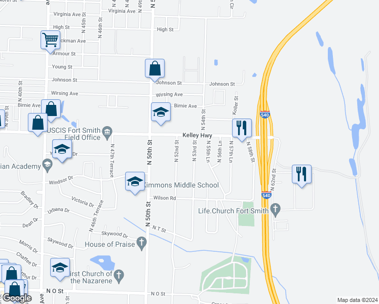 map of restaurants, bars, coffee shops, grocery stores, and more near 2411 North 53rd Street in Fort Smith