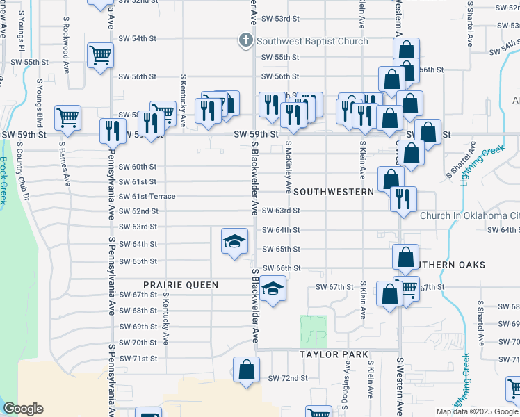 map of restaurants, bars, coffee shops, grocery stores, and more near 6304 South Blackwelder Avenue in Oklahoma City