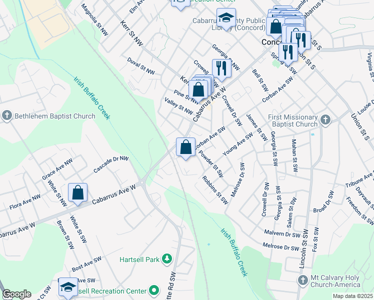 map of restaurants, bars, coffee shops, grocery stores, and more near 322 Corban Avenue Southwest in Concord