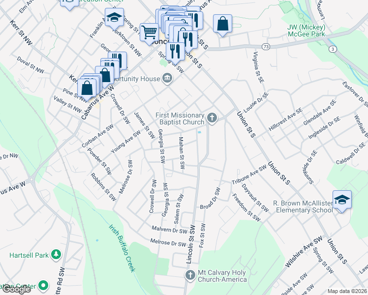 map of restaurants, bars, coffee shops, grocery stores, and more near 118 Princess Avenue Southwest in Concord