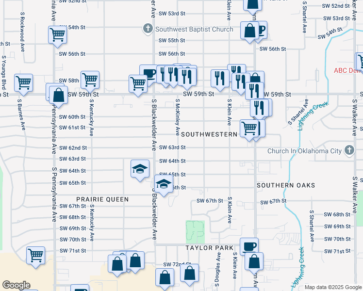 map of restaurants, bars, coffee shops, grocery stores, and more near 1120 Southwest 62nd Street in Oklahoma City