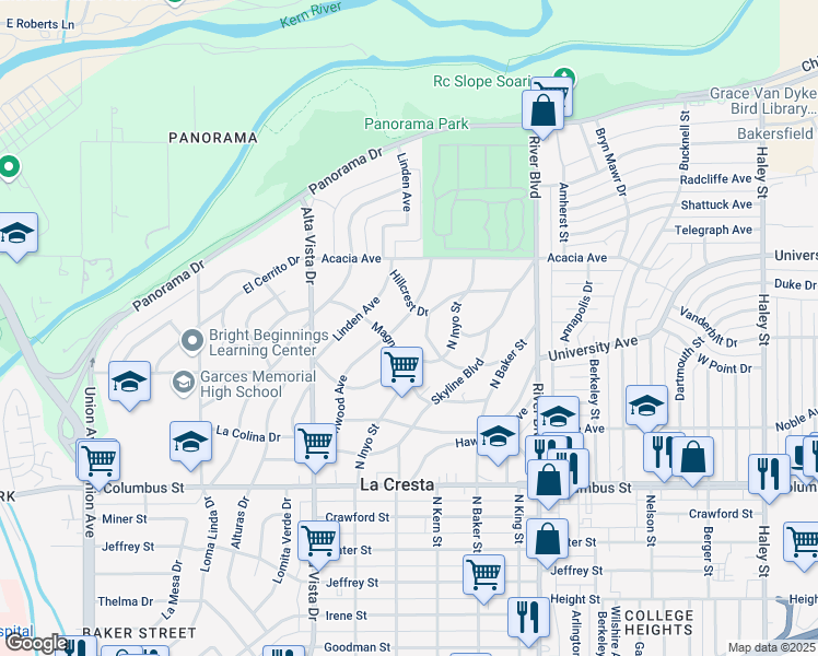 map of restaurants, bars, coffee shops, grocery stores, and more near 3013 Elmwood Avenue in Bakersfield