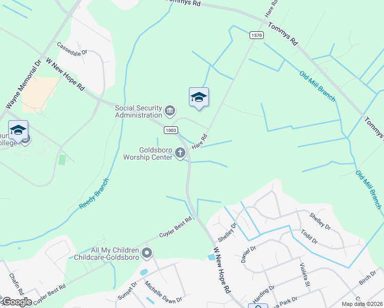 map of restaurants, bars, coffee shops, grocery stores, and more near 130 Hare Road in Goldsboro