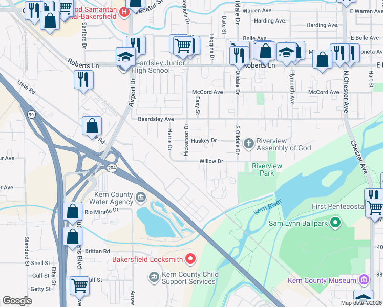 map of restaurants, bars, coffee shops, grocery stores, and more near 630 Hood Drive in Bakersfield