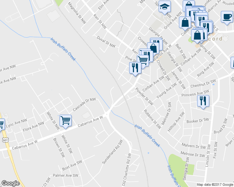 map of restaurants, bars, coffee shops, grocery stores, and more near 360 Cabarrus Avenue West in Concord