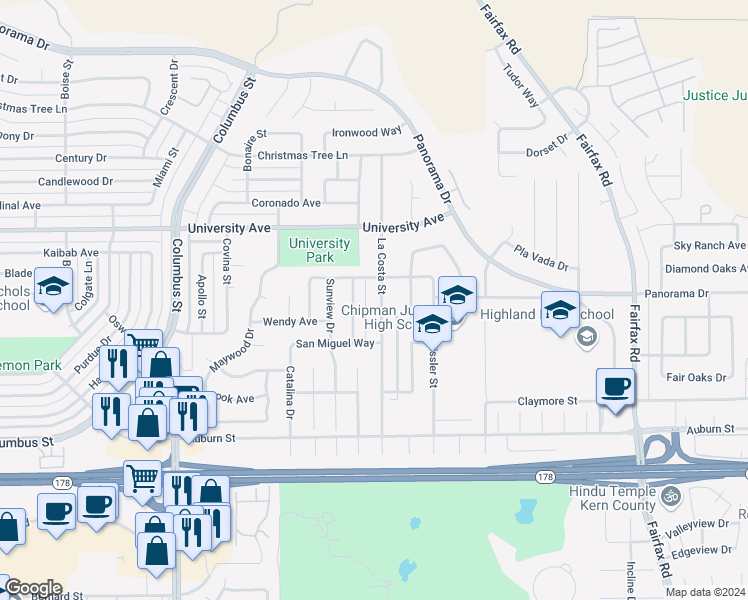 map of restaurants, bars, coffee shops, grocery stores, and more near 3212 La Costa Street in Bakersfield