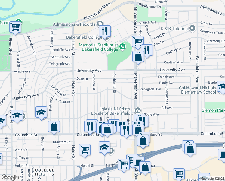 map of restaurants, bars, coffee shops, grocery stores, and more near 3300 Occidental Street in Bakersfield