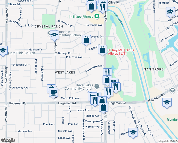 map of restaurants, bars, coffee shops, grocery stores, and more near 9916 Laurel Park Avenue in Bakersfield