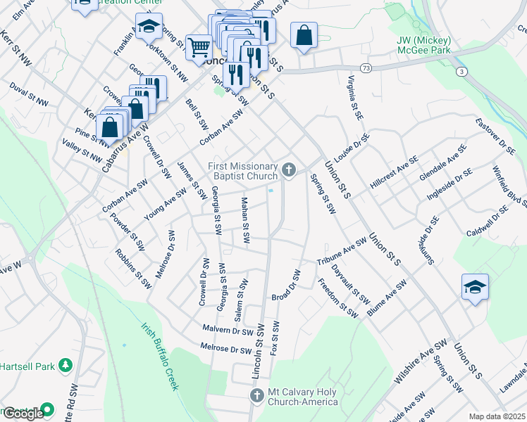 map of restaurants, bars, coffee shops, grocery stores, and more near 118 Princess Avenue Southwest in Concord