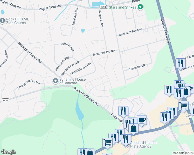 map of restaurants, bars, coffee shops, grocery stores, and more near 2853 Wendover Road Northwest in Concord