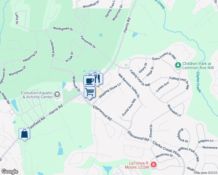 map of restaurants, bars, coffee shops, grocery stores, and more near 716 Volta Drive Northwest in Concord