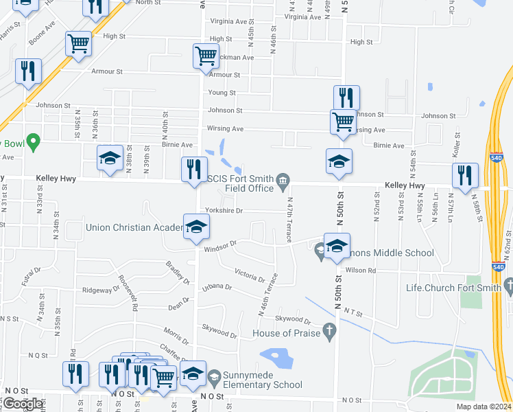 map of restaurants, bars, coffee shops, grocery stores, and more near 4415 Yorkshire Drive in Fort Smith