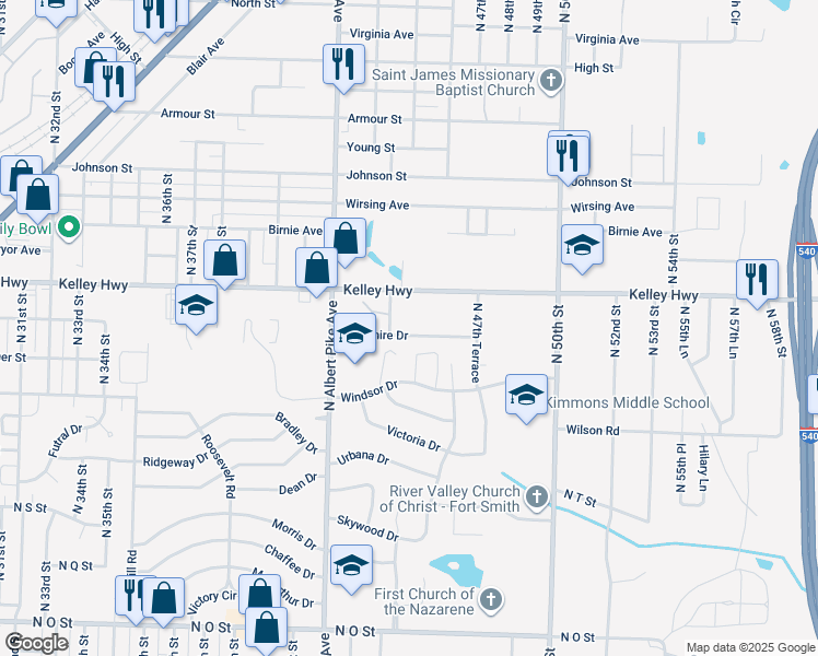 map of restaurants, bars, coffee shops, grocery stores, and more near 4415 Yorkshire Drive in Fort Smith