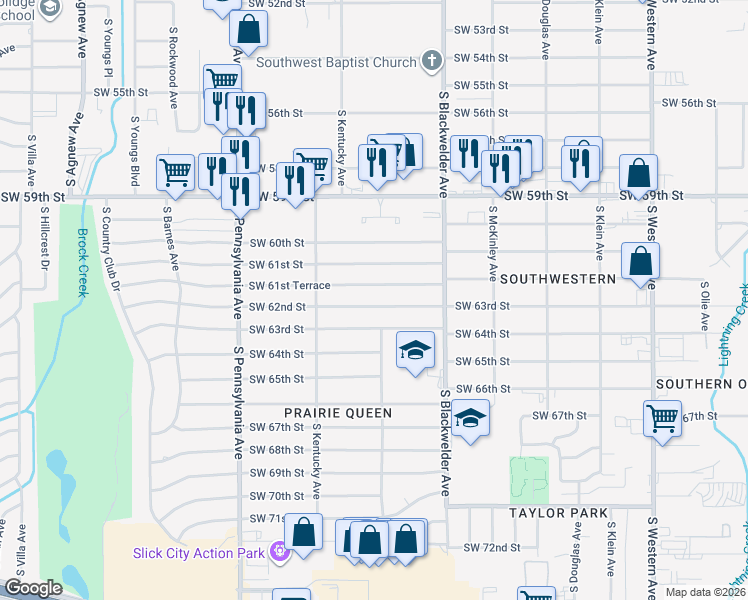 map of restaurants, bars, coffee shops, grocery stores, and more near 1400 Southwest 61st Terrace in Oklahoma City