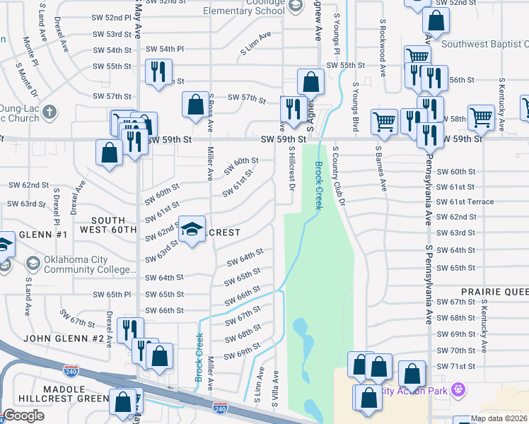 map of restaurants, bars, coffee shops, grocery stores, and more near 2517 Southwest 63rd Street in Oklahoma City