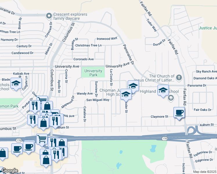 map of restaurants, bars, coffee shops, grocery stores, and more near 3204 La Costa Street in Bakersfield