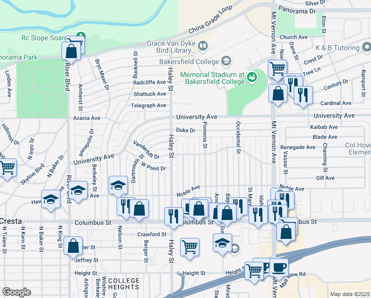 map of restaurants, bars, coffee shops, grocery stores, and more near 3205 Cornell Street in Bakersfield