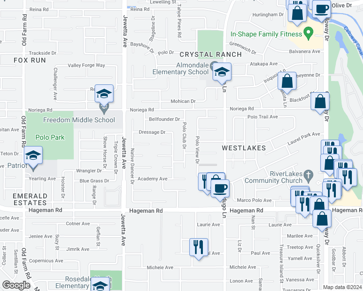 map of restaurants, bars, coffee shops, grocery stores, and more near 4709 Polo Club Drive in Bakersfield