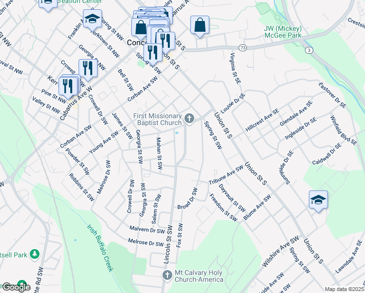 map of restaurants, bars, coffee shops, grocery stores, and more near 216 Tournament Drive Southwest in Concord