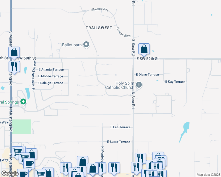map of restaurants, bars, coffee shops, grocery stores, and more near 725 East Victoria Terrace in Mustang