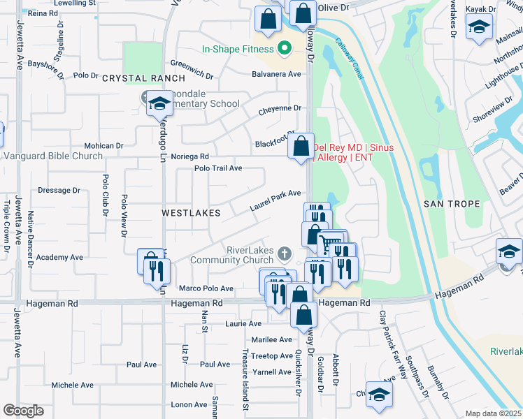 map of restaurants, bars, coffee shops, grocery stores, and more near 9916 Laurel Park Avenue in Bakersfield