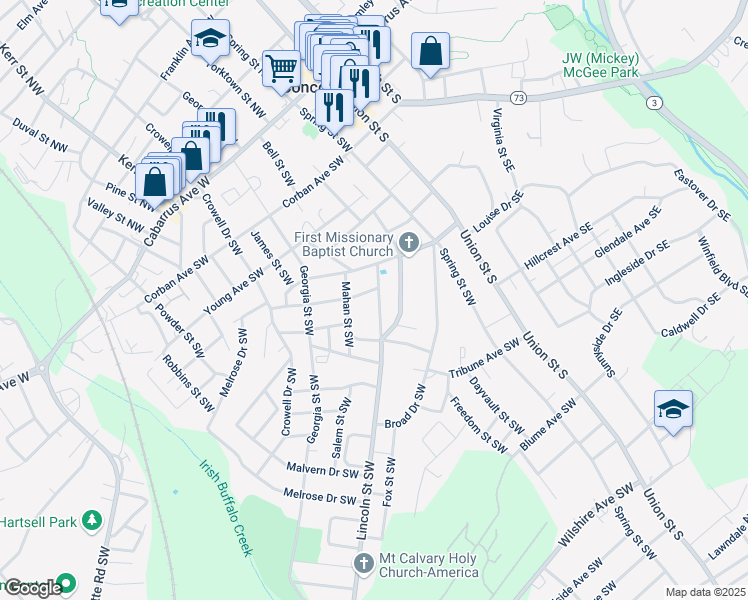map of restaurants, bars, coffee shops, grocery stores, and more near 118 Princess Avenue Southwest in Concord