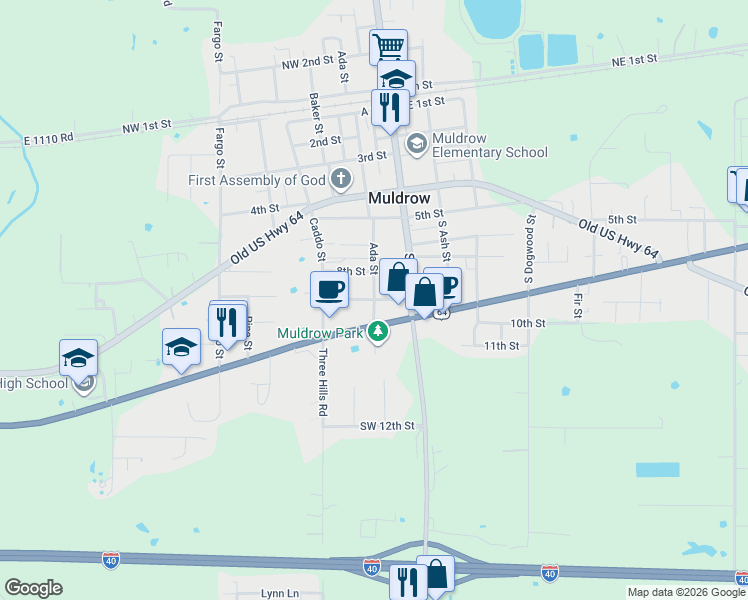 map of restaurants, bars, coffee shops, grocery stores, and more near 203 9th Street in Muldrow