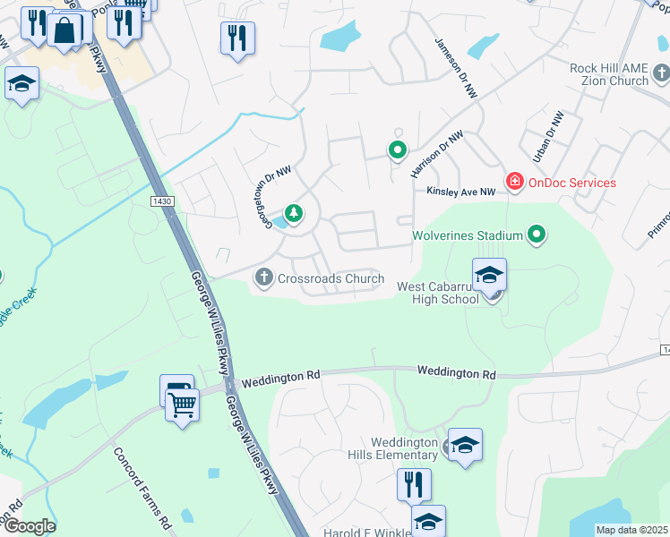 map of restaurants, bars, coffee shops, grocery stores, and more near 2665 Torrington Lane Northwest in Concord