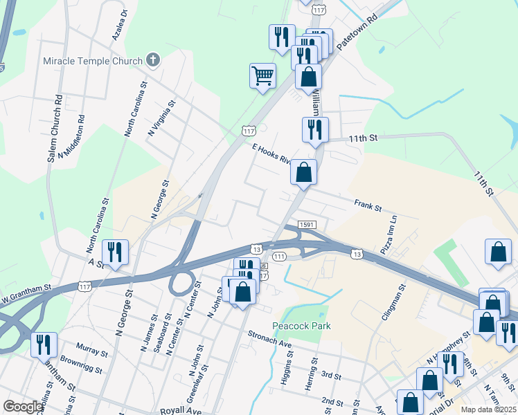 map of restaurants, bars, coffee shops, grocery stores, and more near 1601 North Tuskeegee Street in Goldsboro