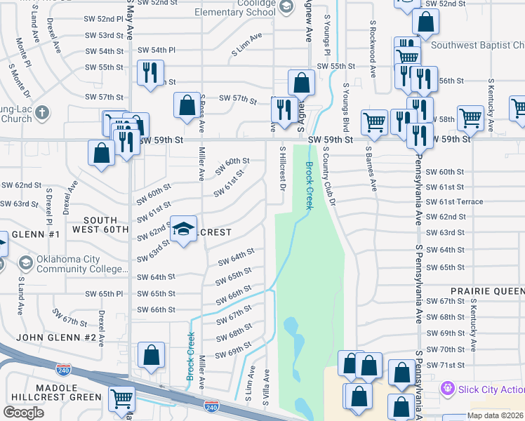 map of restaurants, bars, coffee shops, grocery stores, and more near 6405 South Villa Avenue in Oklahoma City