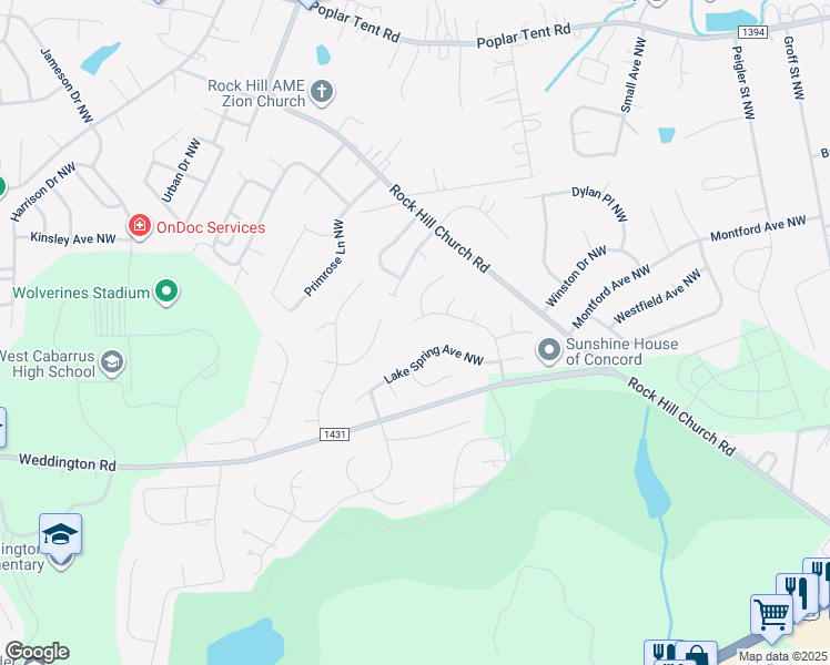 map of restaurants, bars, coffee shops, grocery stores, and more near 1149 Forrest Ridge Drive Northwest in Concord