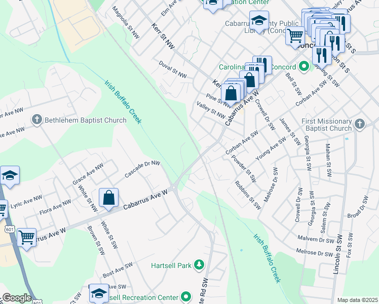 map of restaurants, bars, coffee shops, grocery stores, and more near 360 Cabarrus Avenue West in Concord