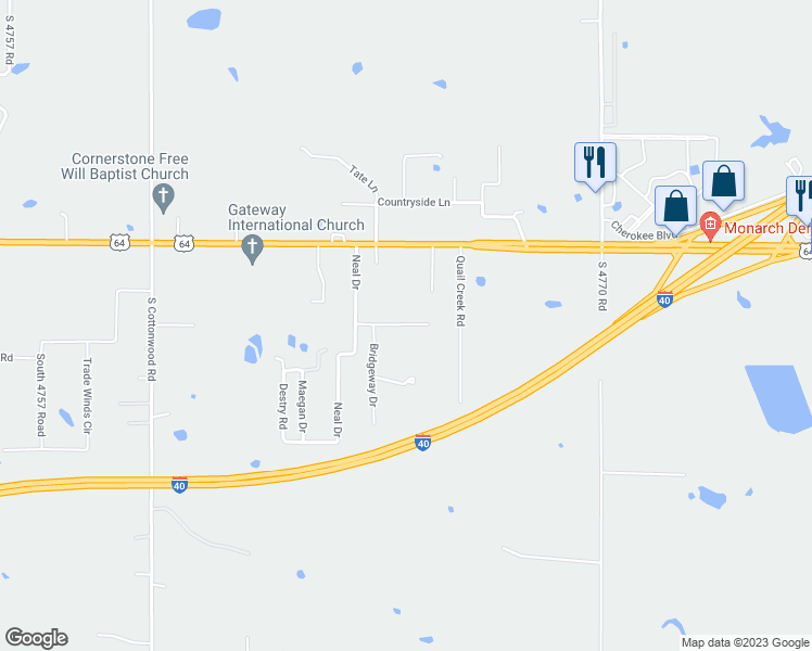 map of restaurants, bars, coffee shops, grocery stores, and more near 108 Cherry Creek Road in Roland
