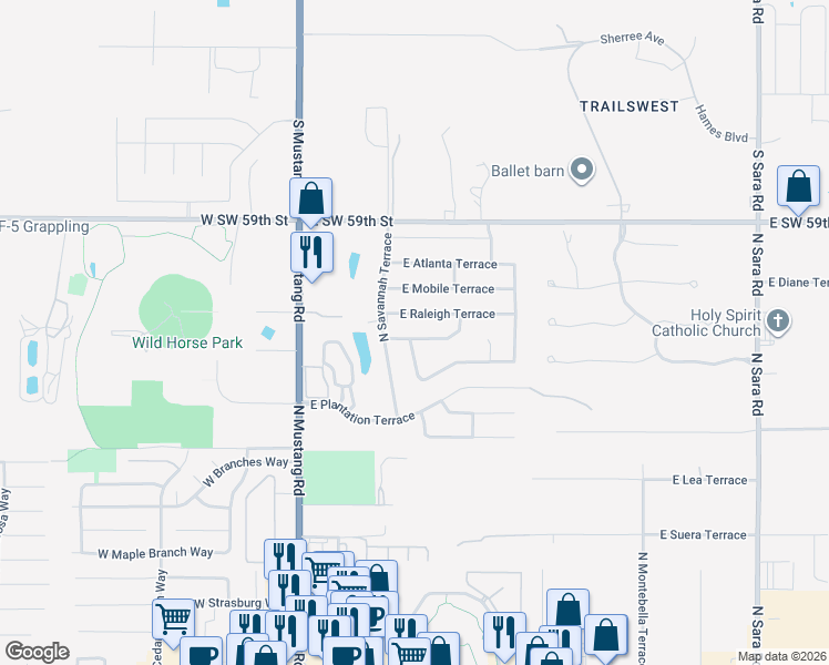 map of restaurants, bars, coffee shops, grocery stores, and more near 250 East Raleigh Terrace in Mustang