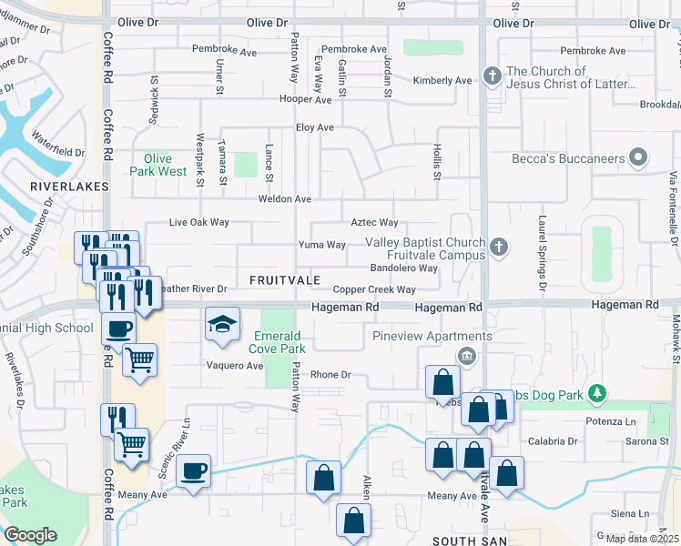 map of restaurants, bars, coffee shops, grocery stores, and more near 7205 Bandolero Way in Bakersfield