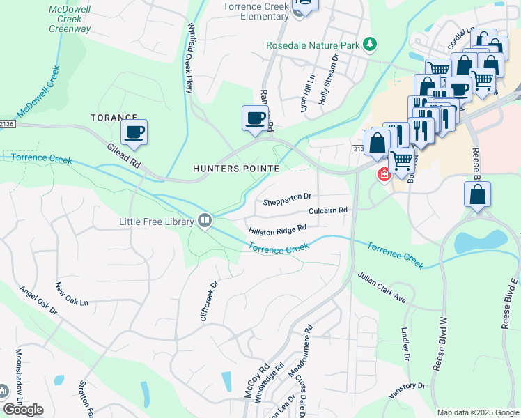 map of restaurants, bars, coffee shops, grocery stores, and more near 13318 Norseman Lane in Huntersville