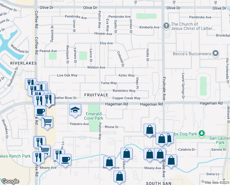 map of restaurants, bars, coffee shops, grocery stores, and more near 7205 Bandolero Way in Bakersfield