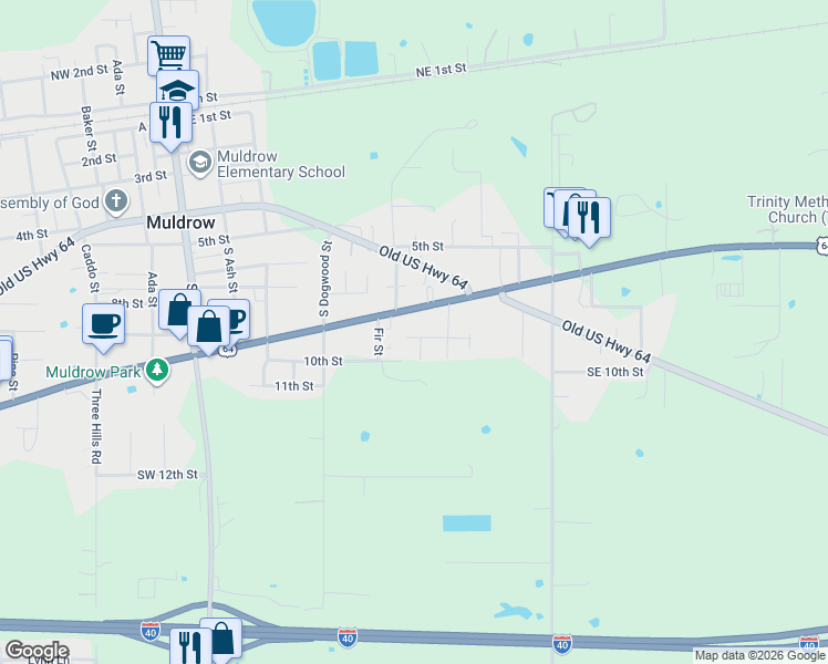 map of restaurants, bars, coffee shops, grocery stores, and more near 701 9th Street in Muldrow