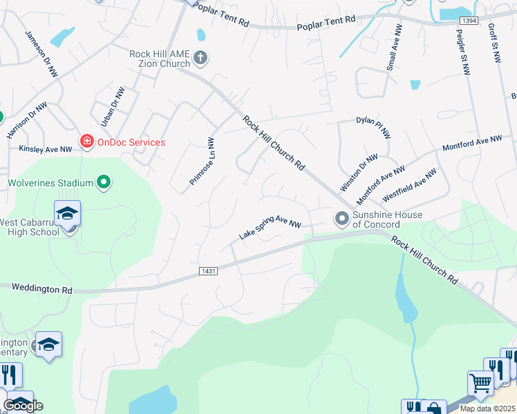 map of restaurants, bars, coffee shops, grocery stores, and more near 1149 Forrest Ridge Drive Northwest in Concord